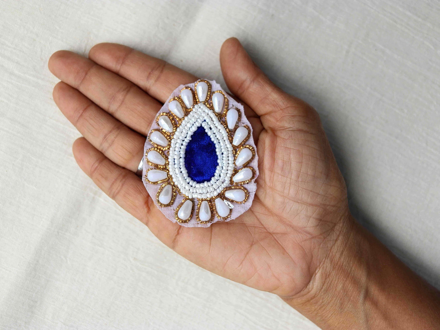 White Blue Teardrop Embroidered Patch,Indian Handmade Beaded Leaf Paan Applique, White Blue DIY Denim Costume patch