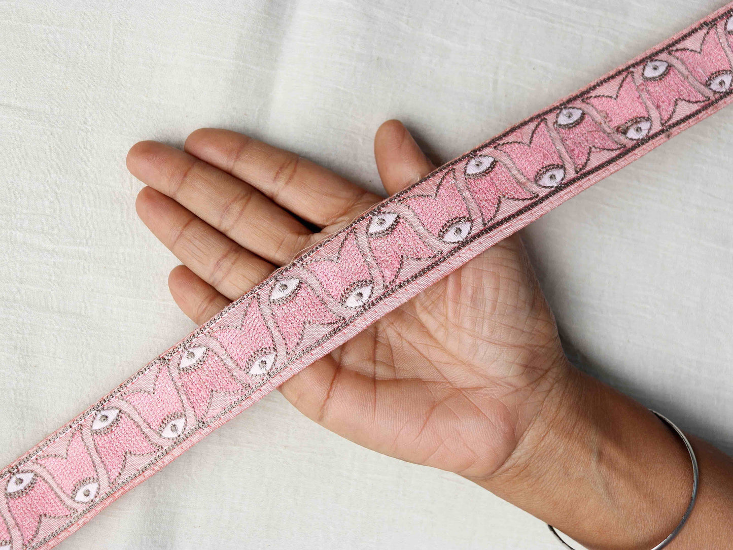 Pink Madhubani Fish Embroidered Trim,Indian Tribal Folk Embroidery Border,Quirky Boho Animal Lace,Fish Saree Border,Price/mtr