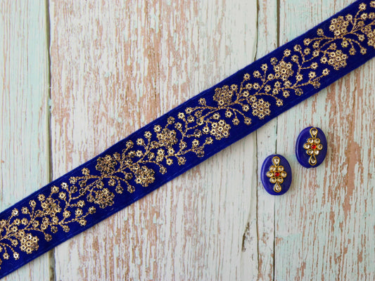 Blue Gold Floral Velvet Trim,Indian Floral Embroidered Border,Royal Blue Gold Floral Lace,Velvet Saree Border,Price/mtr