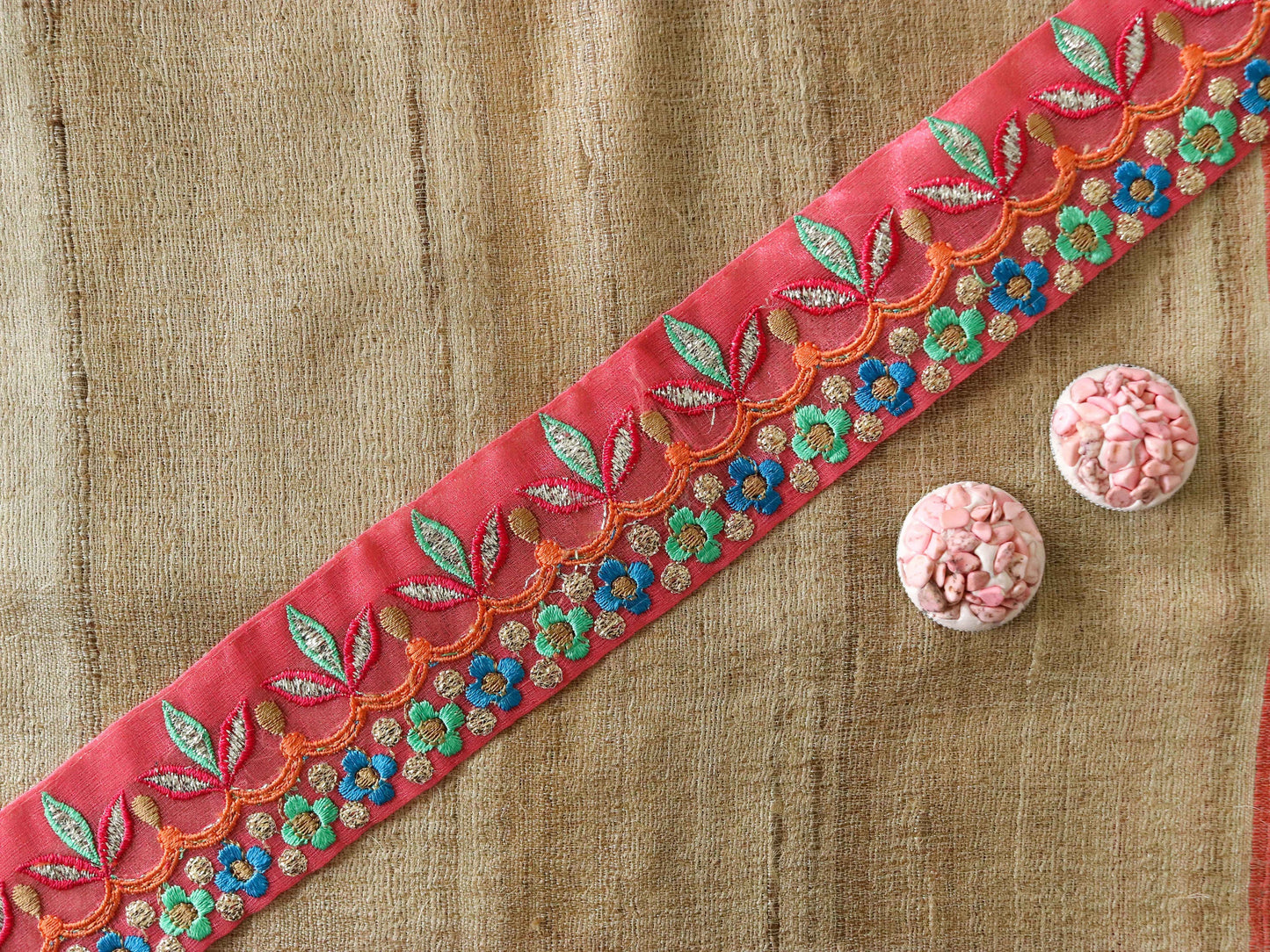 Pink Green Floral Embroidered Trim,Pink Tissue Floral Lace,Indian Fabric Trim,Pink Green Floral Organza Saree Border,Price/mtr