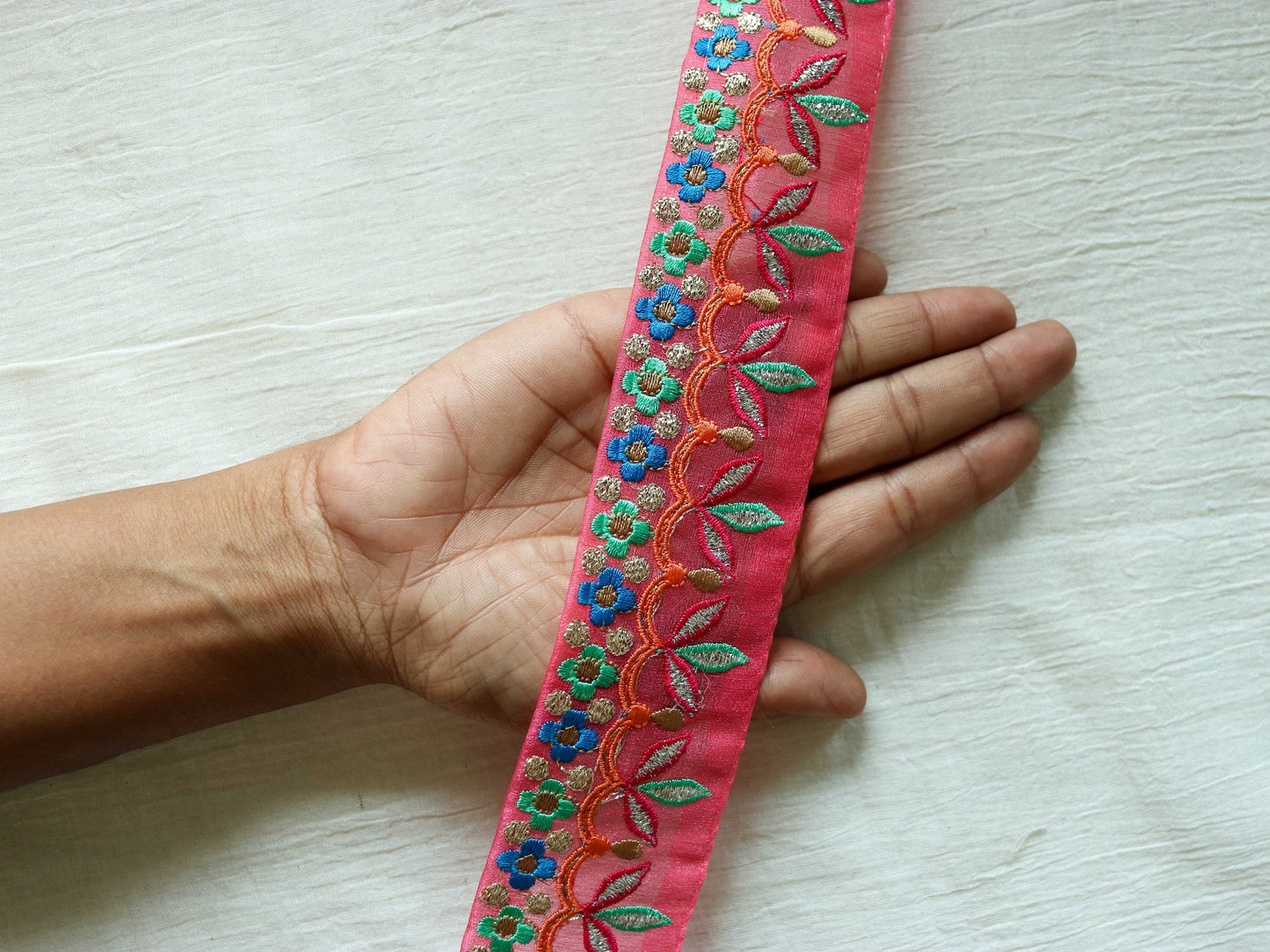 Pink Green Floral Embroidered Trim,Pink Tissue Floral Lace,Indian Fabric Trim,Pink Green Floral Organza Saree Border,Price/mtr