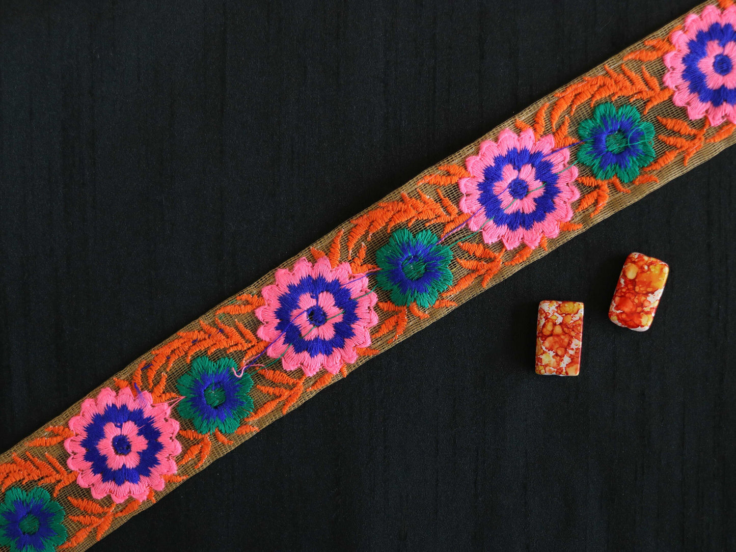 Orange Pink Floral Embroidered Trim,Orange Floral Border,Orange Pink Net Lace,Indian Fabric Trim,Floral Saree Border,Price/mtr