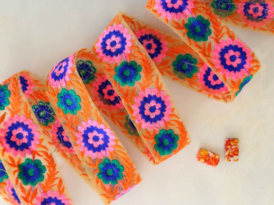 Orange Pink Floral Embroidered Trim,Orange Floral Border,Orange Pink Net Lace,Indian Fabric Trim,Floral Saree Border,Price/mtr