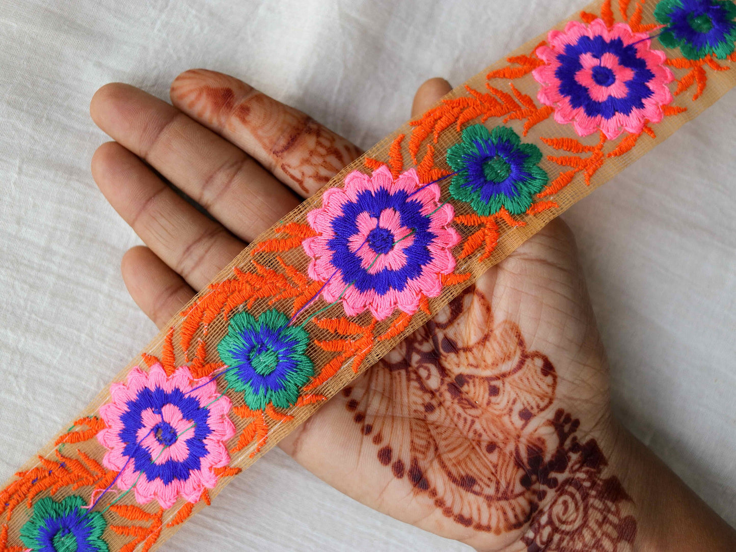 Orange Pink Floral Embroidered Trim,Orange Floral Border,Orange Pink Net Lace,Indian Fabric Trim,Floral Saree Border,Price/mtr