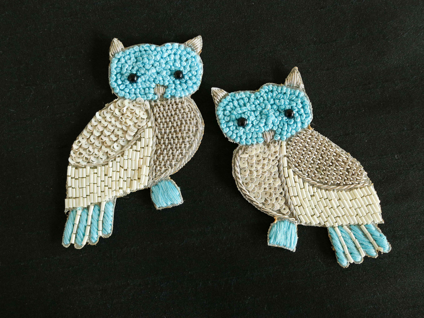 Quirky Silver Owl embroidered patch,Handmade Owl sequin applique, Silver blue bird patch,Boho Bird Patch,DIY Patch