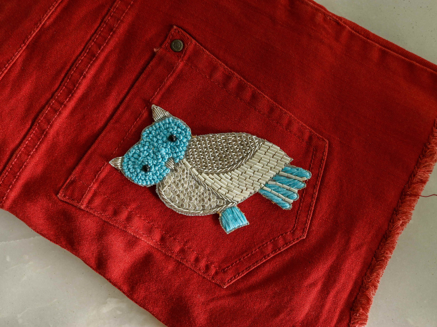 Quirky Silver Owl embroidered patch,Handmade Owl sequin applique, Silver blue bird patch,Boho Bird Patch,DIY Patch