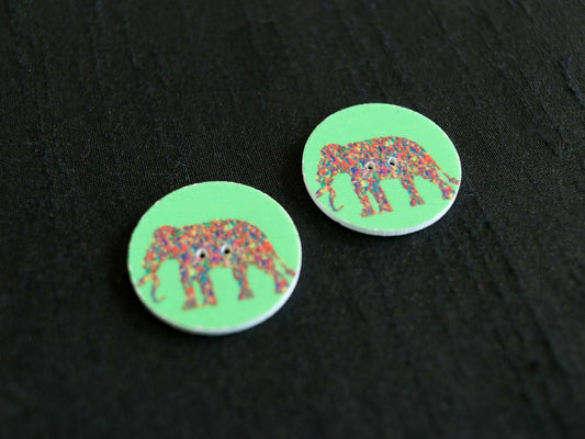 Elephant Printed Wooden Button,Digital Print Animal Button Charm,Green Multicolour Elephant Print Button,Sherwani Kurta Button,2 pcs