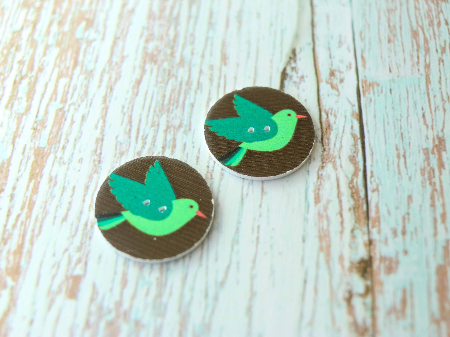 Green Parrot Printed Wooden Button,Digital Print Bird Button Charm,Black Green Bird Print Button,Sherwani Kurta Button,2 pcs