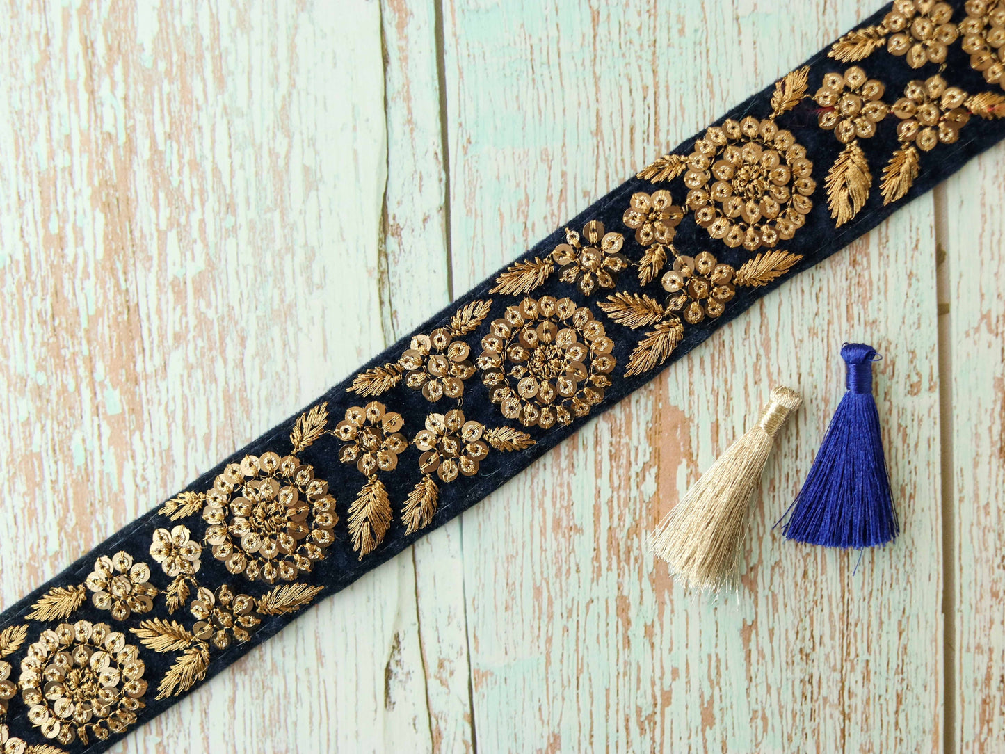Deep Blue Gold Velvet Trim,Indian Floral Sequin Embroidered Border,Blue Gold Lace,Floral Velvet Saree Border,Price/mtr