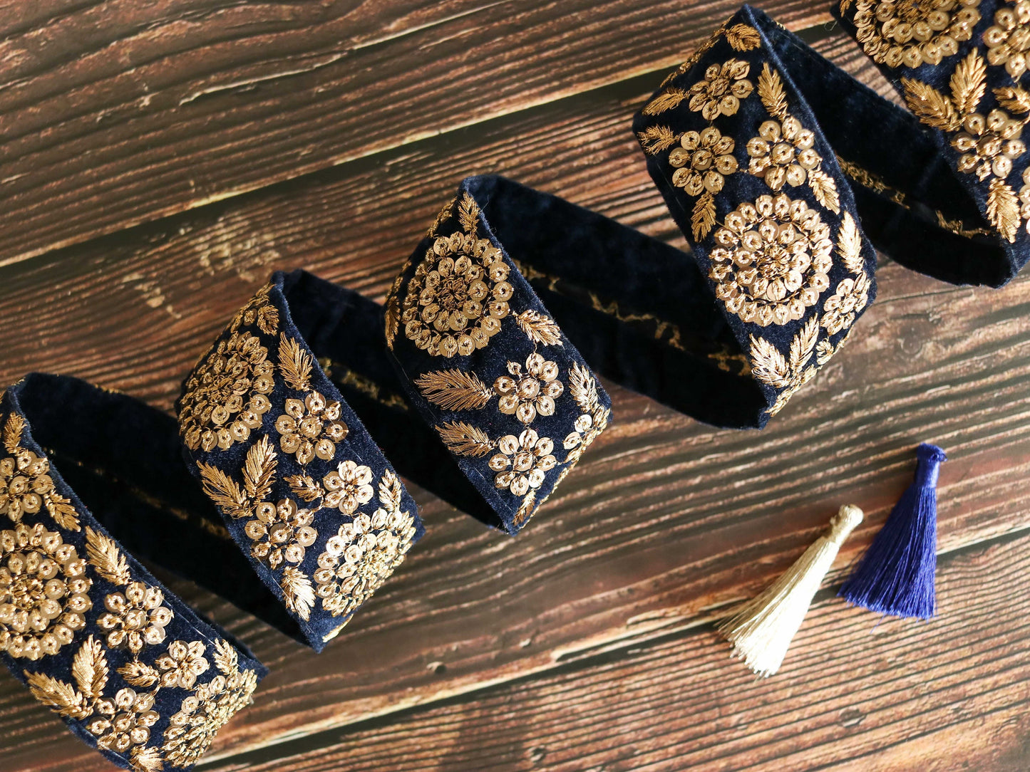 Deep Blue Gold Velvet Trim,Indian Floral Sequin Embroidered Border,Blue Gold Lace,Floral Velvet Saree Border,Price/mtr
