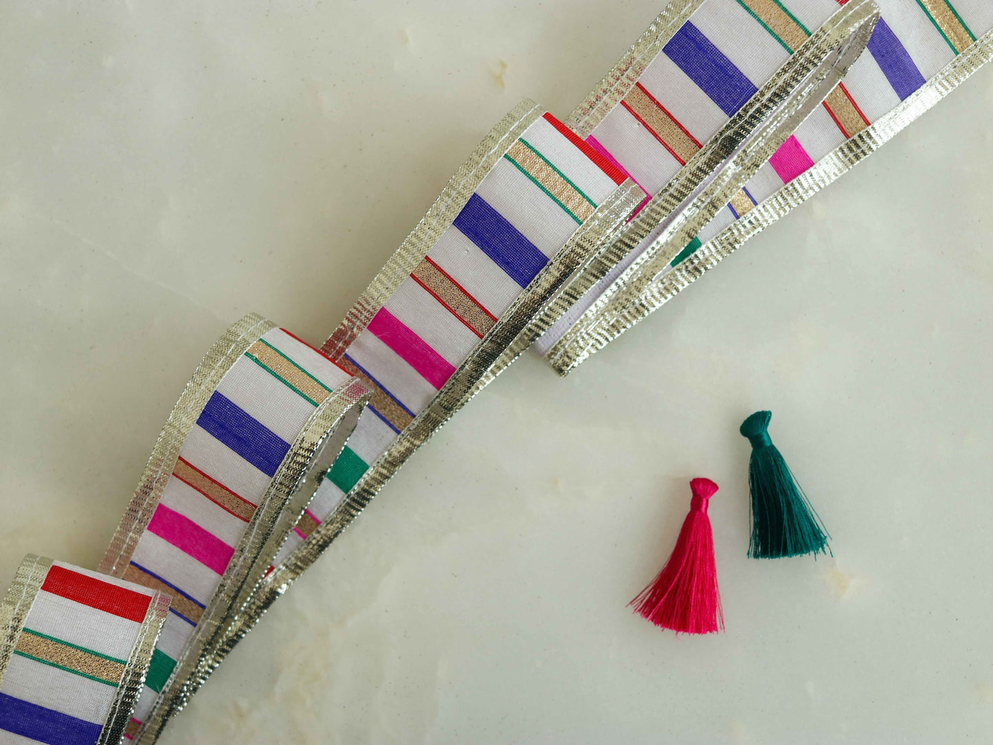 White Pink Silver Stripe Trim, White Red Festive Printed Border, Boho Designer Bridal Lace, Stripe Gota Saree Border, Price/mtr