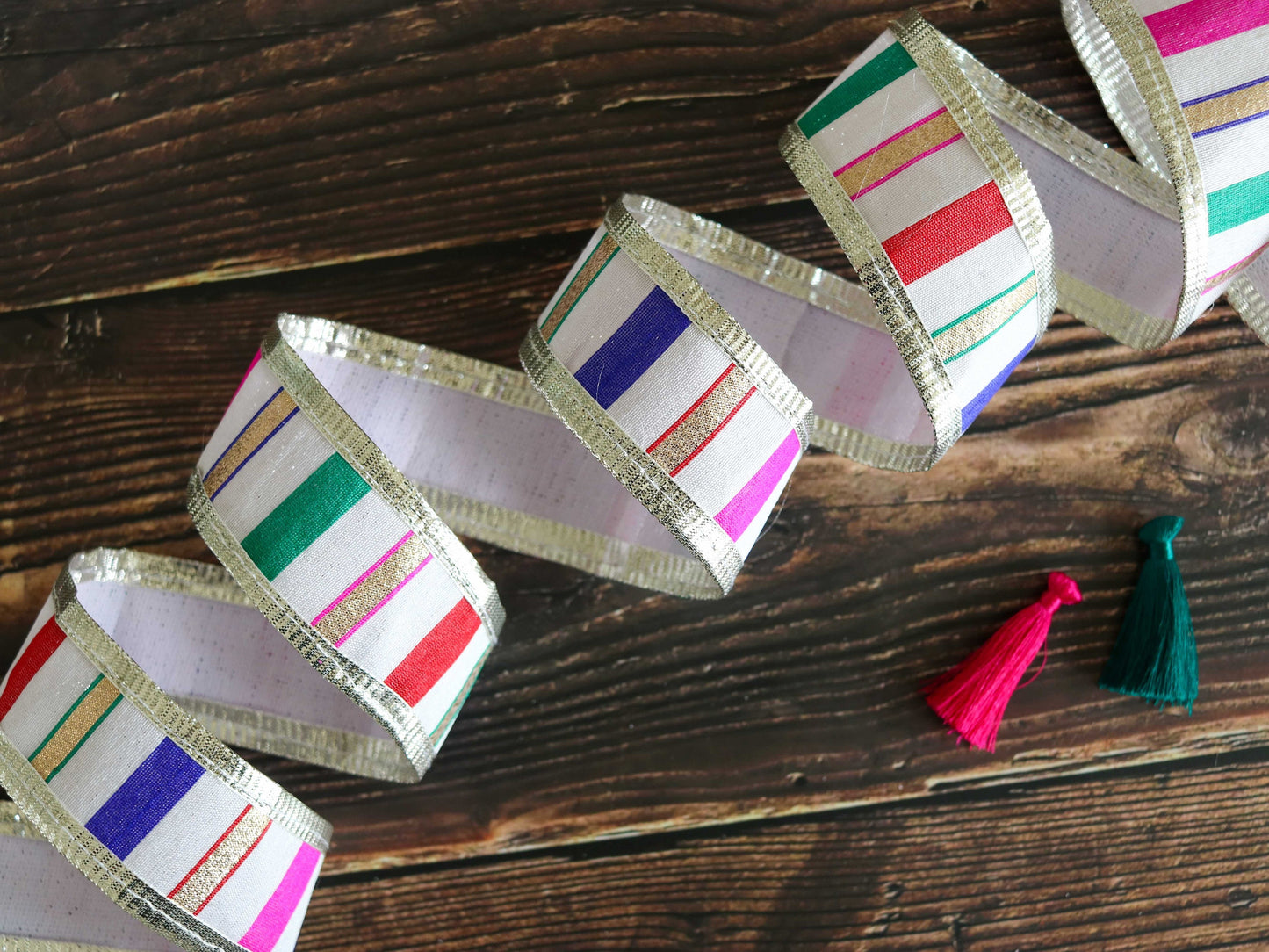 White Pink Silver Stripe Trim, White Red Festive Printed Border, Boho Designer Bridal Lace, Stripe Gota Saree Border, Price/mtr