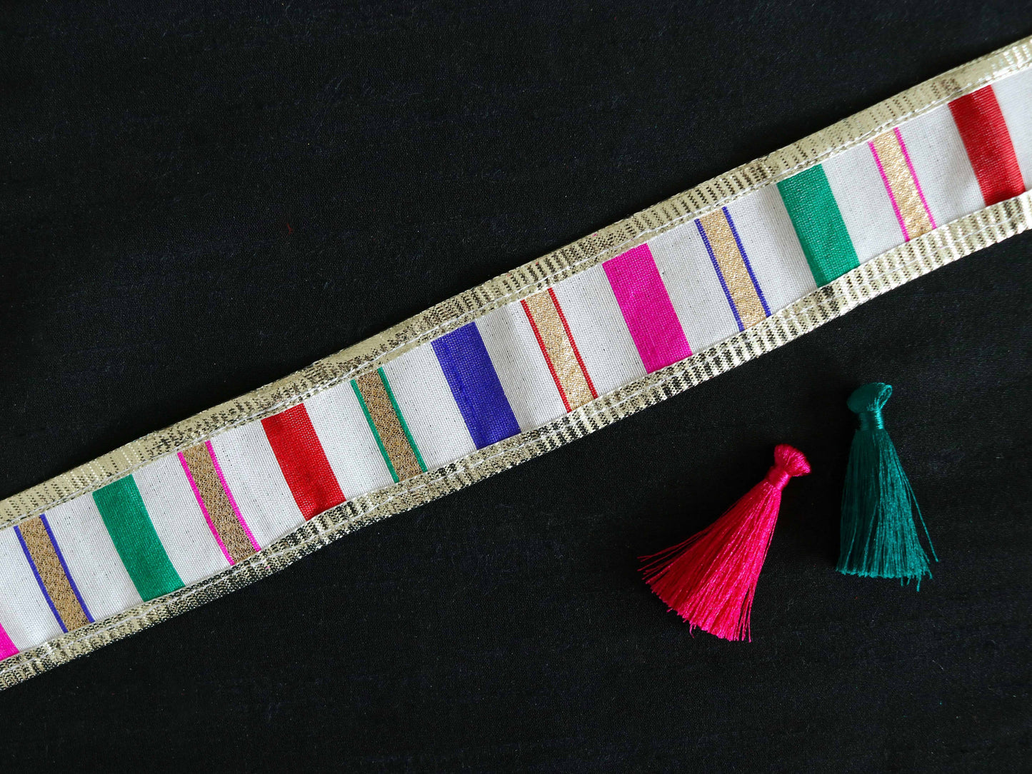 White Pink Silver Stripe Trim, White Red Festive Printed Border, Boho Designer Bridal Lace, Stripe Gota Saree Border, Price/mtr