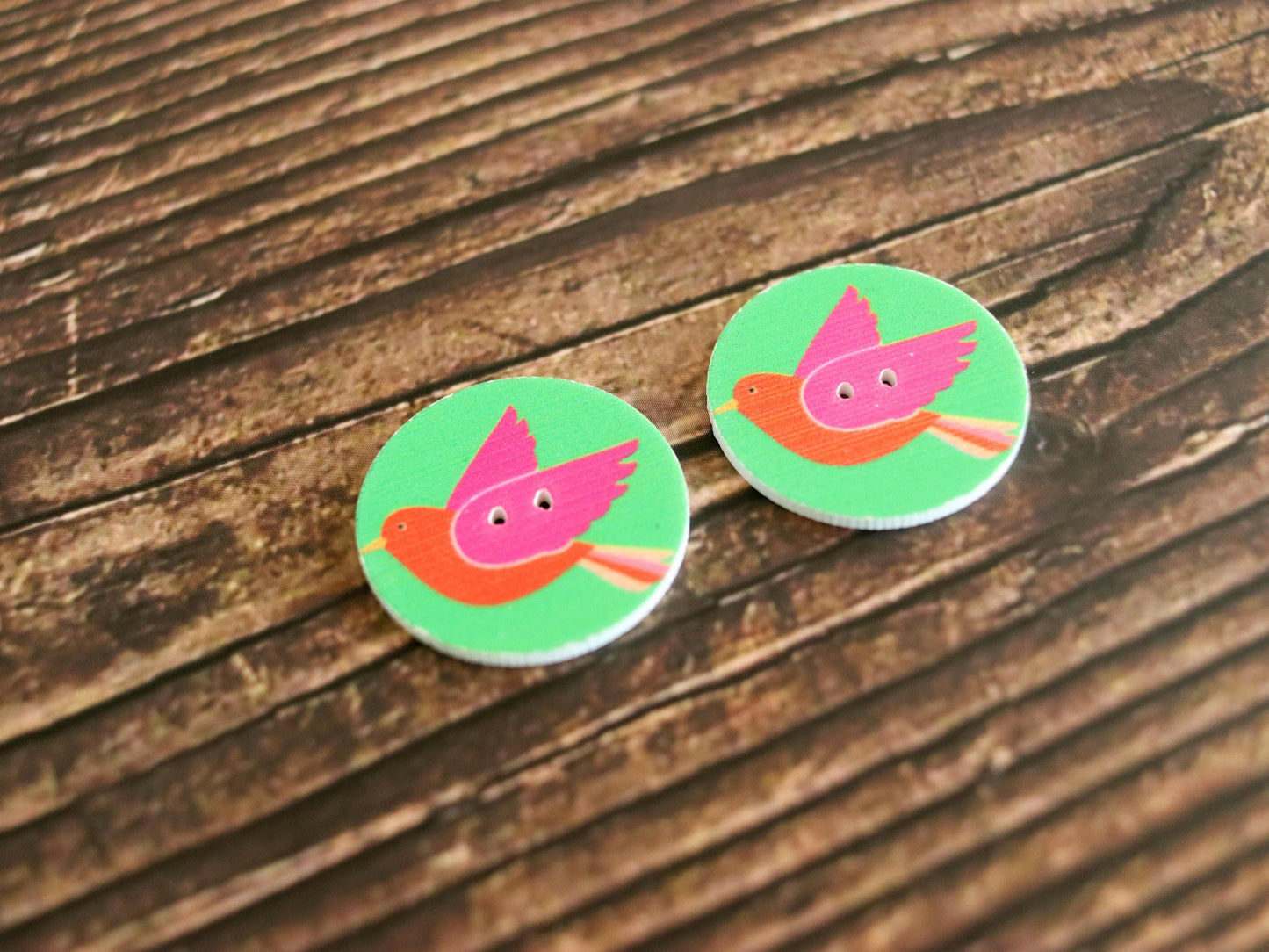 Pink Parrot Printed Wooden Button,Digital Print Bird Button Charm,Green Pink Bird Print Button,Sherwani Kurta Button,2 pcs