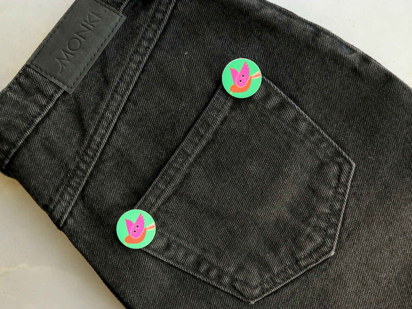 Pink Parrot Printed Wooden Button,Digital Print Bird Button Charm,Green Pink Bird Print Button,Sherwani Kurta Button,2 pcs