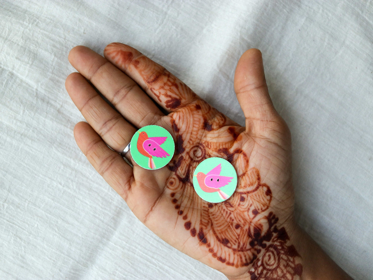 Pink Parrot Printed Wooden Button,Digital Print Bird Button Charm,Green Pink Bird Print Button,Sherwani Kurta Button,2 pcs