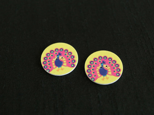 Peacock Printed Wooden Button,Digital Print Bird Button Charm,Blue Yellow Bird Print Button,Sherwani Kurta Button,2 pcs