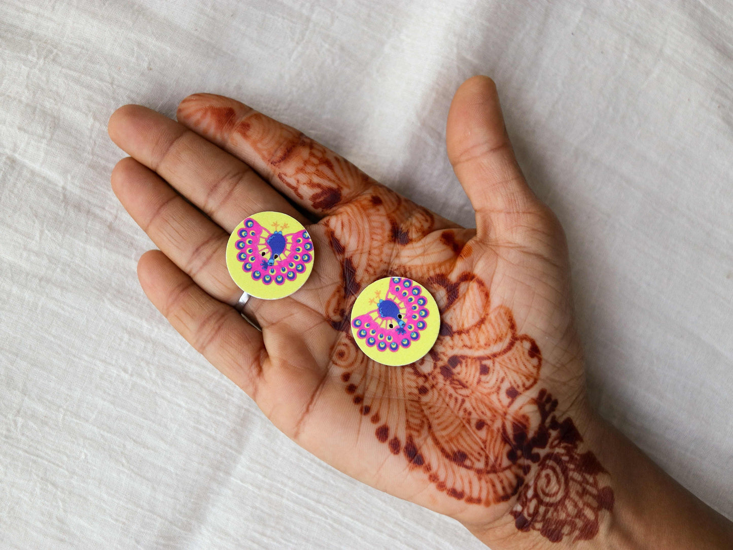 Peacock Printed Wooden Button,Digital Print Bird Button Charm,Blue Yellow Bird Print Button,Sherwani Kurta Button,2 pcs