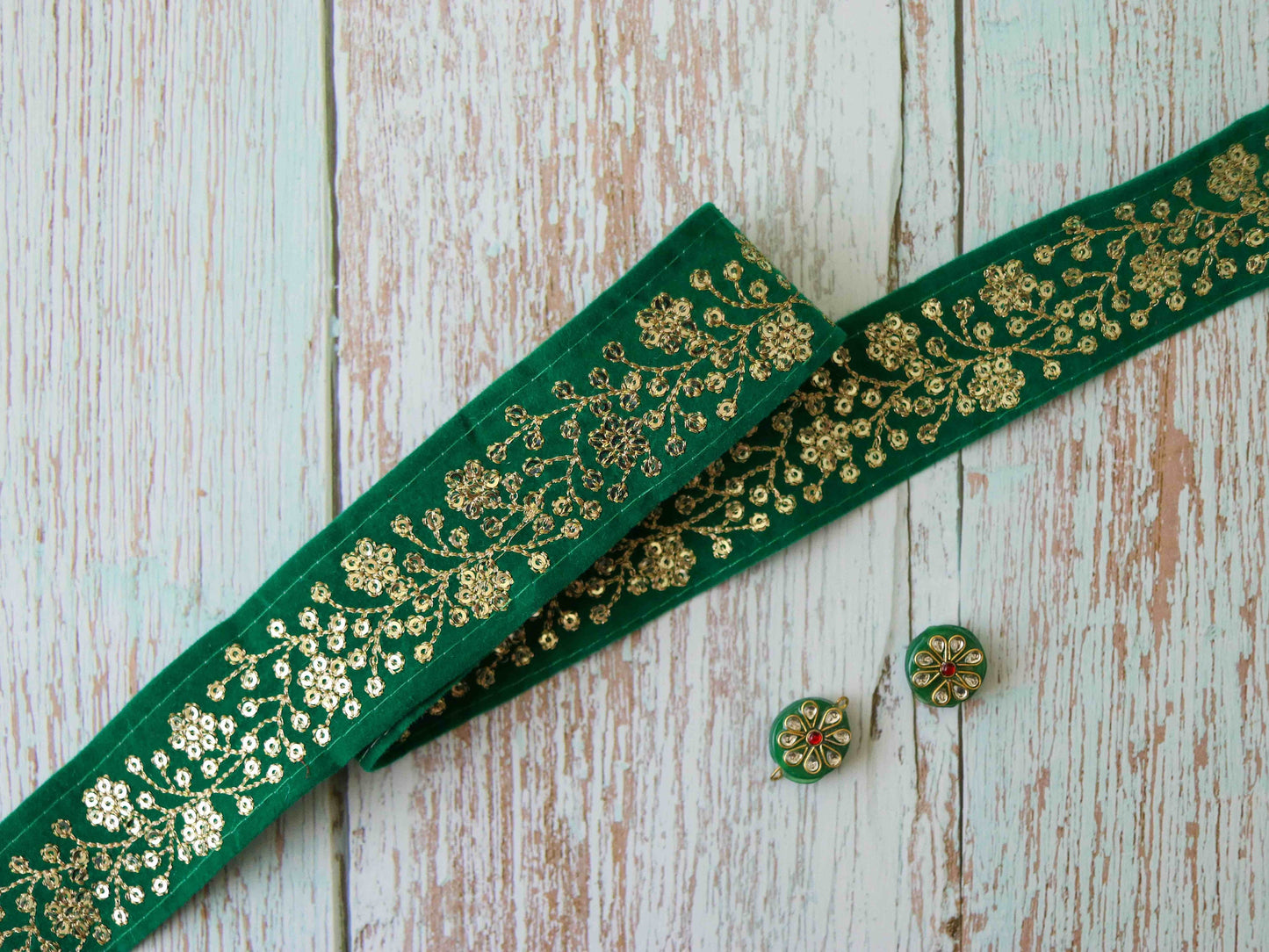 Green Gold Floral Velvet Trim,Indian Floral Embroidered Border,Green Gold Floral Lace,Velvet Saree Border,Price/mtr