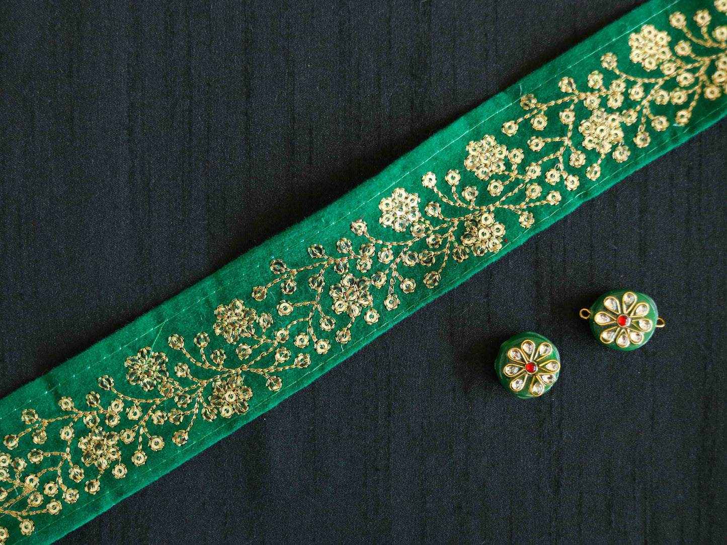 Green Gold Floral Velvet Trim,Indian Floral Embroidered Border,Green Gold Floral Lace,Velvet Saree Border,Price/mtr