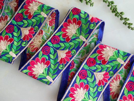 Blue Pink Floral Embroidered Trim,Indian Fabric Border,Blue Red Floral Lace,Parsi Embroidery Blue Floral Saree Border,Price/mtr