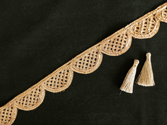 Gold Foil Scallop Cutwork Trim,Handmade Rose Gold Border,Boho Lattice Lace,Royal Indian Designer Fringe Trim, Gota Saree Border,Price/mtr