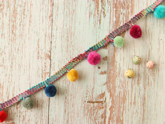 Boho Pom Pom Fringe Trim,Handmade Colourful Pom Pom Border,Multicolour Pom Pom Lace,Belly Dancing Trim,Kitschy Quirky Saree Border,Price/mtr