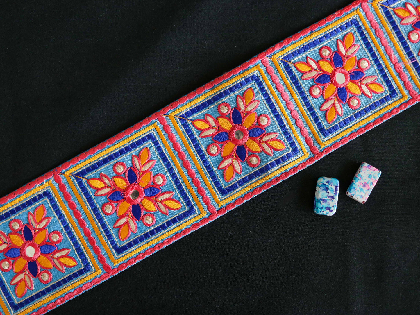 Pink Blue Floral Phulkari Trim,Embroidered Indian Border,Square Patchwork Pink Blue Lace,Boho Hippie Phulkari Saree Border,Price/mtr