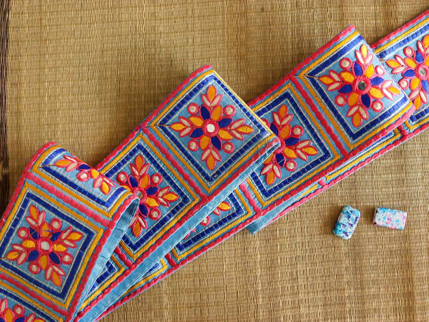 Pink Blue Floral Phulkari Trim,Embroidered Indian Border,Square Patchwork Pink Blue Lace,Boho Hippie Phulkari Saree Border,Price/mtr