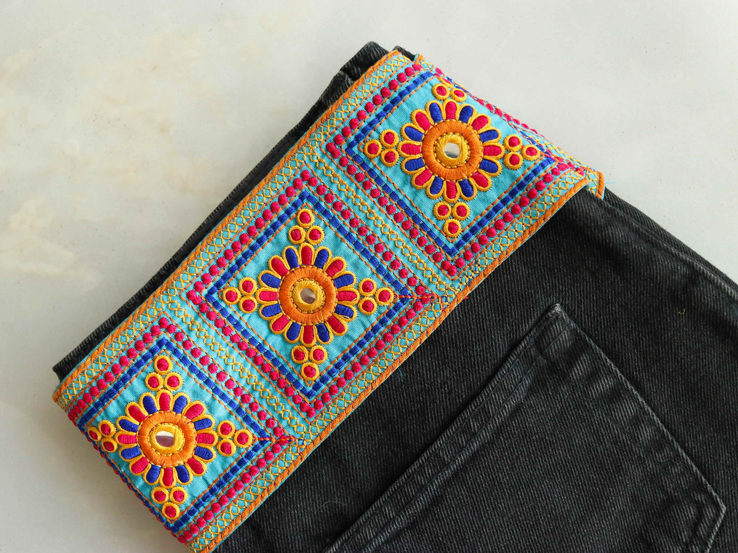 Blue Yellow Floral Phulkari Trim,Embroidered Indian Border,Square Patchwork Blue Orange Lace,Boho Hippie Phulkari Saree Border,Price/mtr