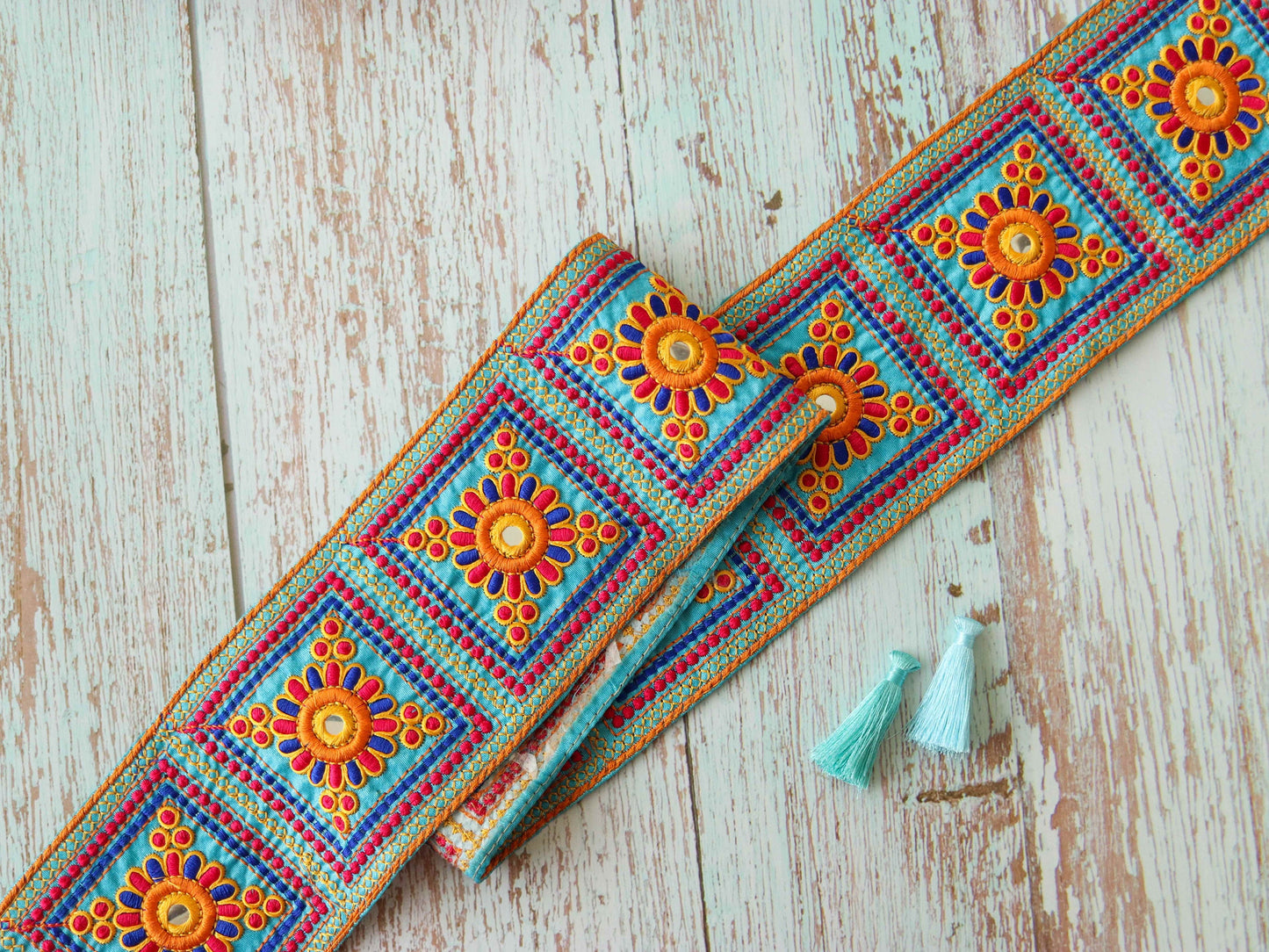 Blue Yellow Floral Phulkari Trim,Embroidered Indian Border,Square Patchwork Blue Orange Lace,Boho Hippie Phulkari Saree Border,Price/mtr