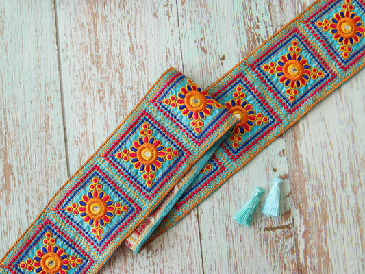 Blue Yellow Floral Phulkari Trim,Embroidered Indian Border,Square Patchwork Blue Orange Lace,Boho Hippie Phulkari Saree Border,Price/mtr