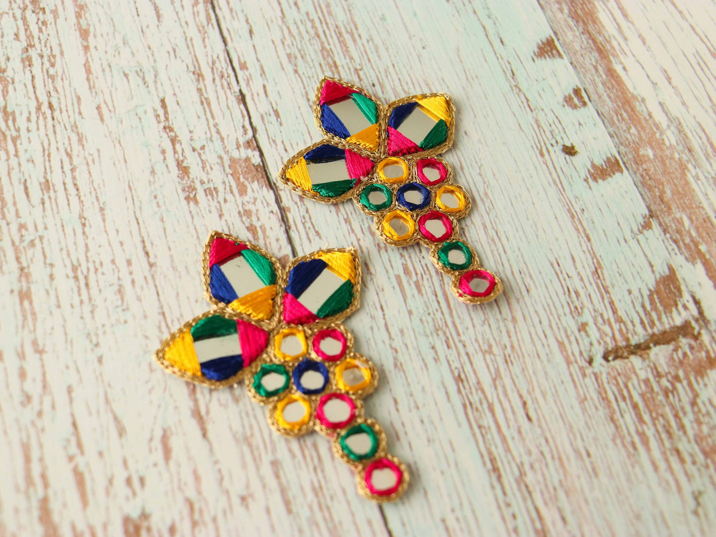 Multicolour Kutchi Mirror Embroidered Patch,Handmade Mirror Sequin Applique, Vibrant Boho Tribal Banjara Mirror Embroidery Patch,2 pcs