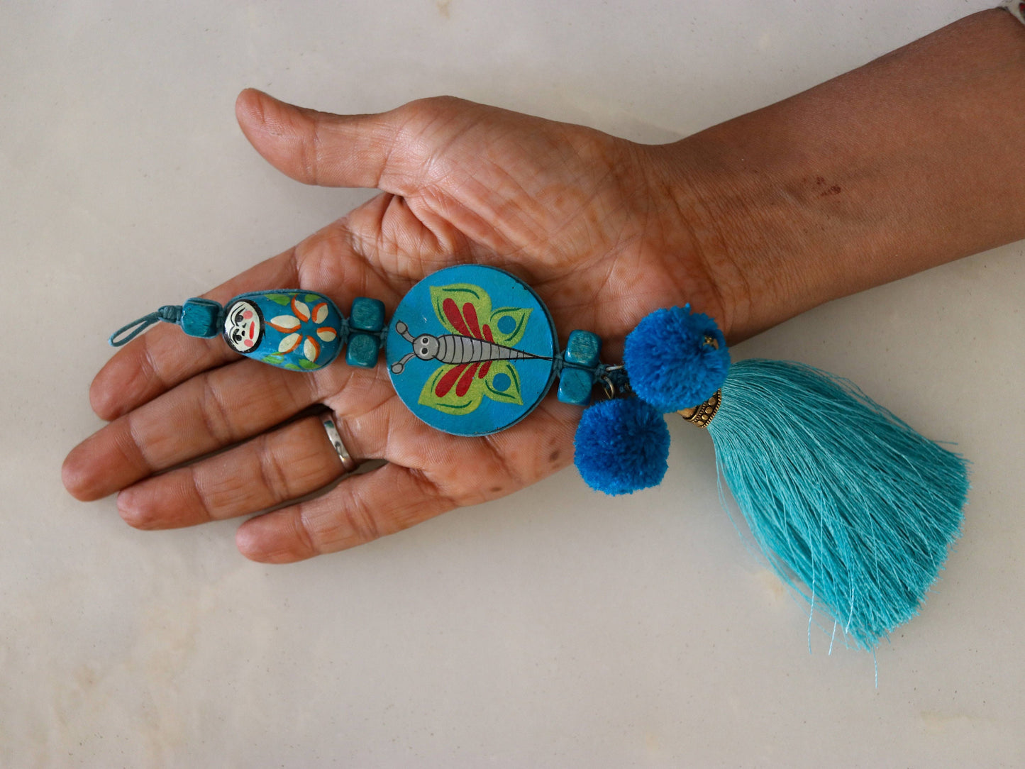 Boho Blue Matryoshka Butterfly Tassel,Handmade Latkan, Teal Blue Pompom Tufted Tassel Charm,Quirky Kitschy Indian Christmas Tree Supply