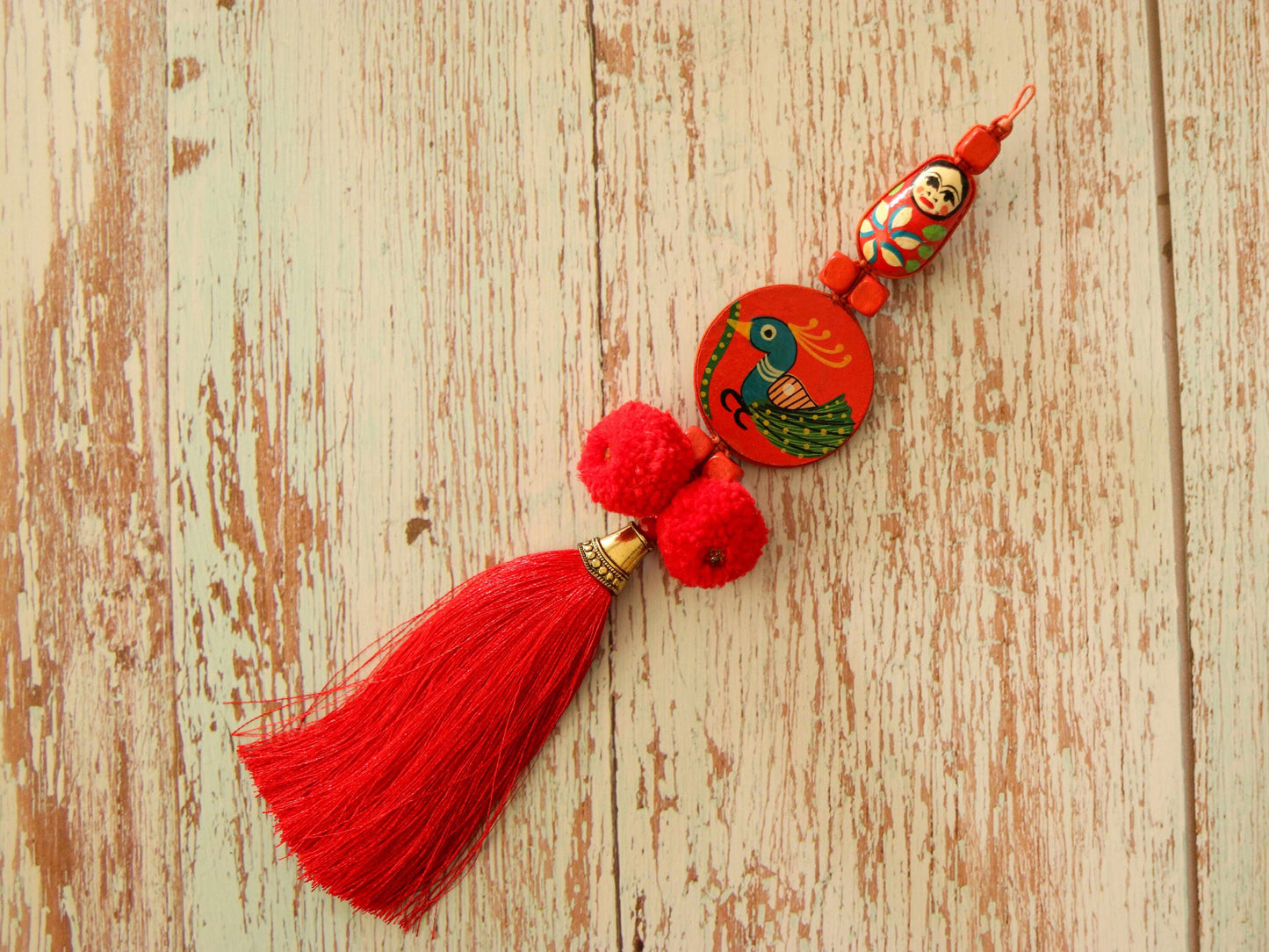 Boho Red Matryoshka Peacock Tassel,Handmade Latkan, Red Pompom Tassel,Quirky Kitschy Indian Tribal Charm,Christmas Tree Supply