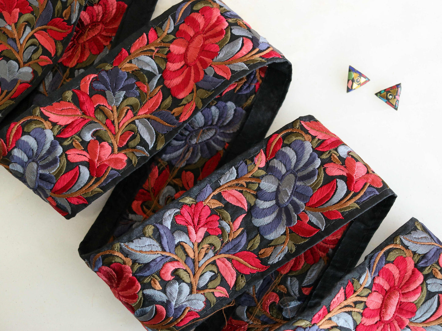 Black Red Floral Embroidered Trim,Indian Fabric Embroidered Border,Black Floral Lace,Parsi Embroidery Border,Black Saree Border,Price/mtr