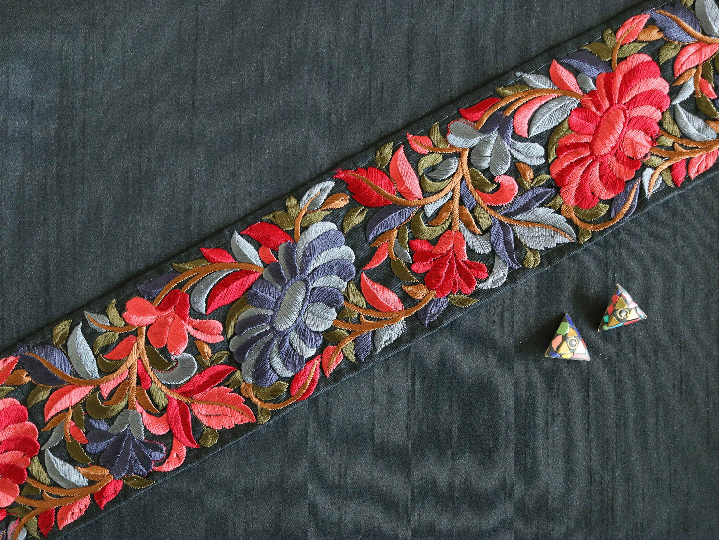 Black Red Floral Embroidered Trim,Indian Fabric Embroidered Border,Black Floral Lace,Parsi Embroidery Border,Black Saree Border,Price/mtr