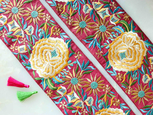 Pink Yellow Floral Embroidered Trim,Broad Pink Floral Lace,Indian Fabric Border,Parsi Embroidery Border,Pink Saree Border,Price/mtr