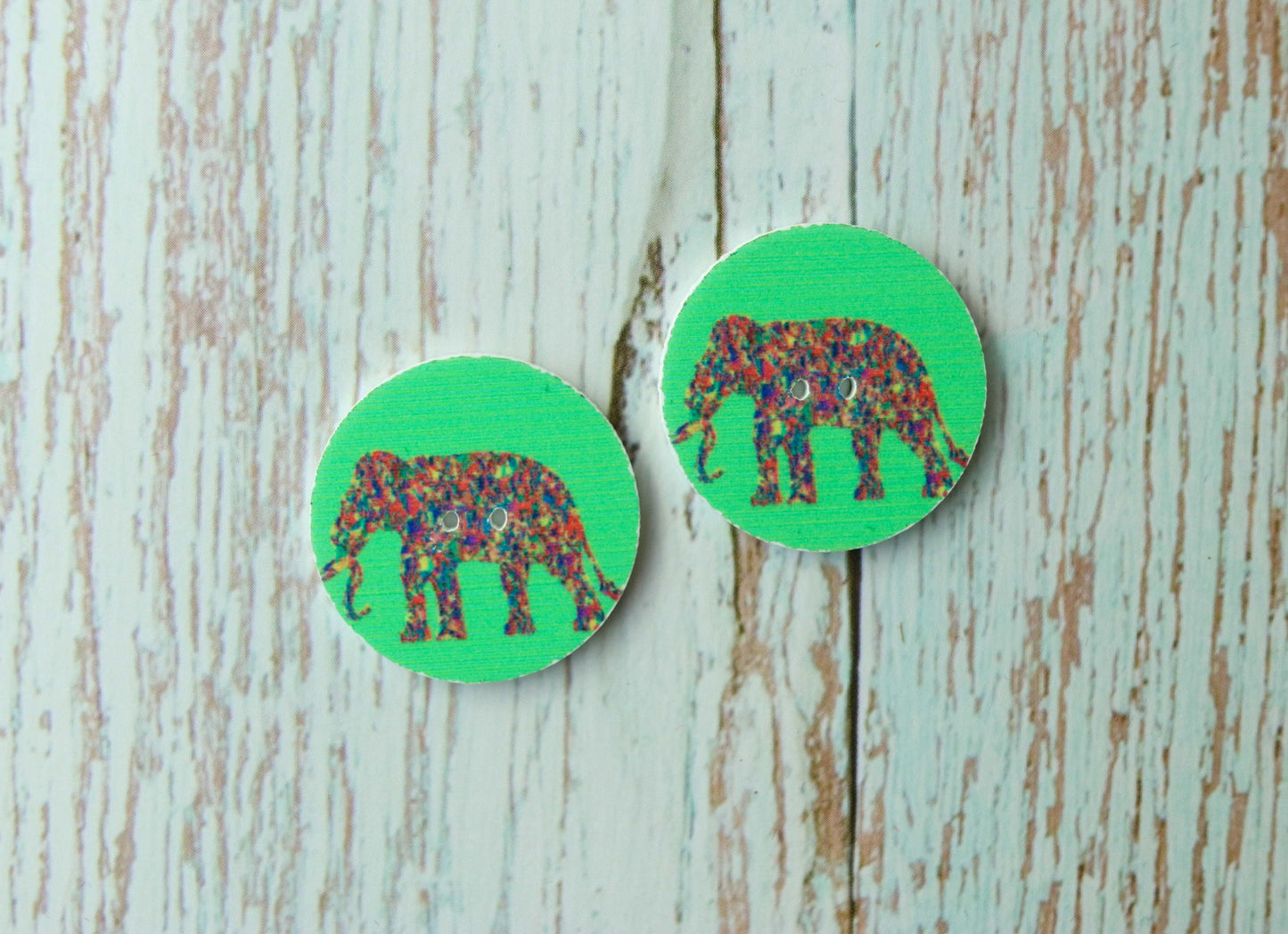 Elephant Printed Wooden Button,Digital Print Animal Button Charm,Green Multicolour Elephant Print Button,Sherwani Kurta Button,2 pcs