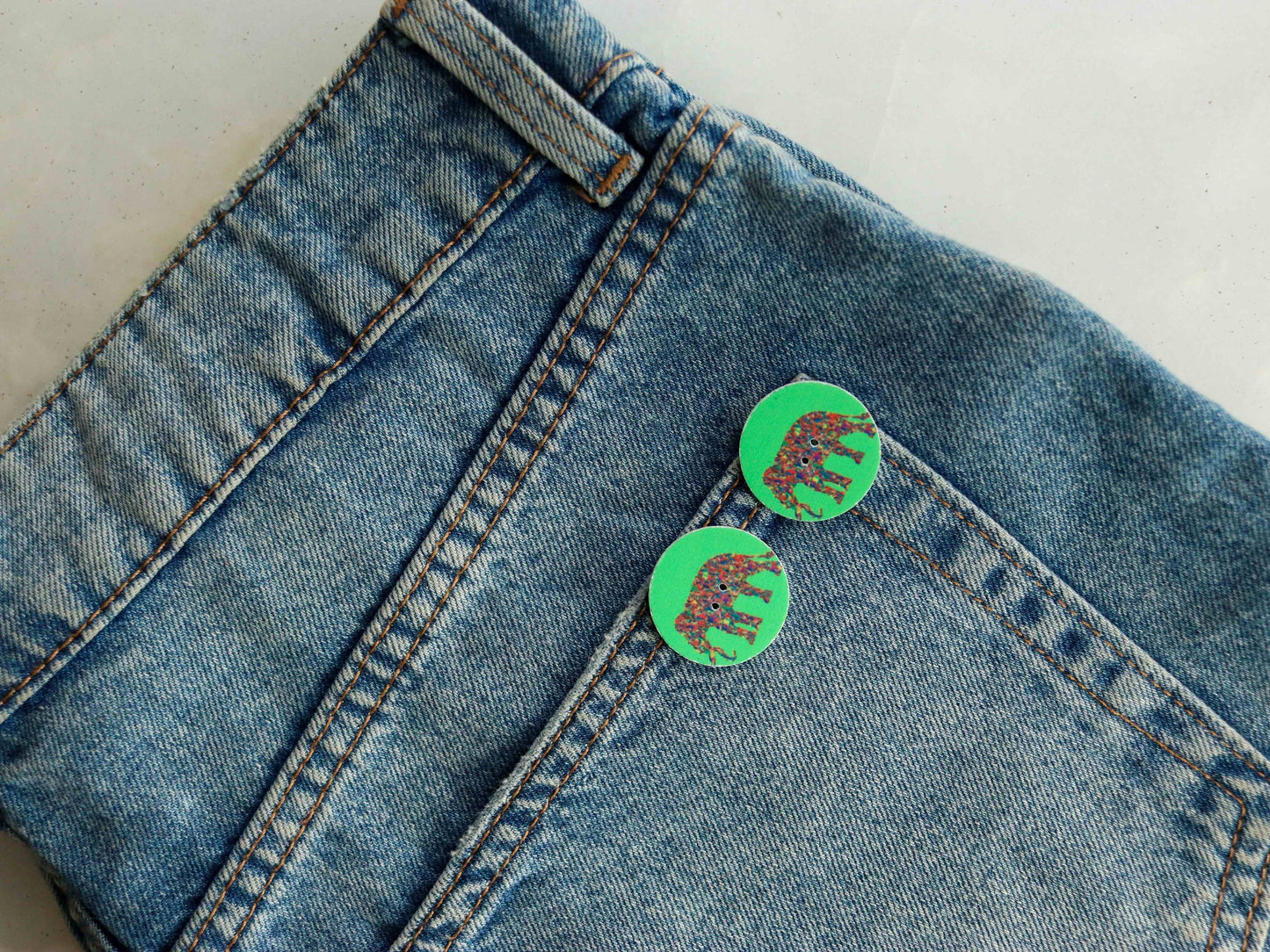 Elephant Printed Wooden Button,Digital Print Animal Button Charm,Green Multicolour Elephant Print Button,Sherwani Kurta Button,2 pcs