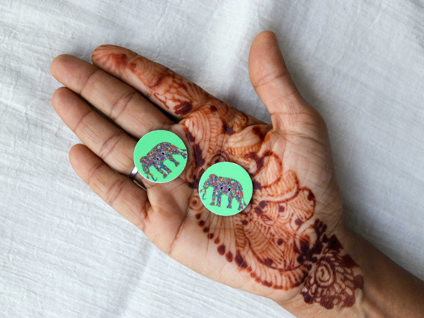 Elephant Printed Wooden Button,Digital Print Animal Button Charm,Green Multicolour Elephant Print Button,Sherwani Kurta Button,2 pcs