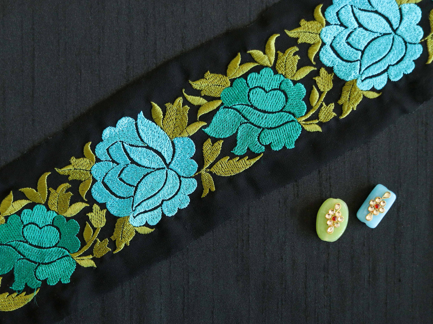 Black Blue Floral Embroidered Trim,Black Blue Net Border,Floral Applique Lace,Indian Fabric Trim,Black Saree Border,Price/mtr