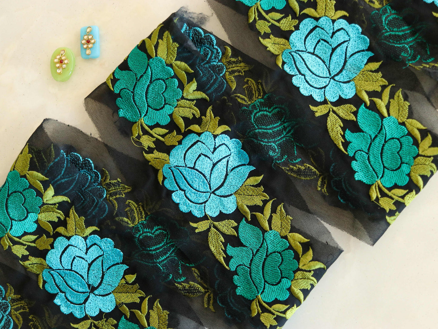 Black Blue Floral Embroidered Trim,Black Blue Net Border,Floral Applique Lace,Indian Fabric Trim,Black Saree Border,Price/mtr
