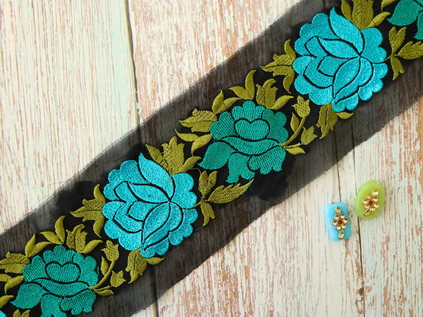 Black Blue Floral Embroidered Trim,Black Blue Net Border,Floral Applique Lace,Indian Fabric Trim,Black Saree Border,Price/mtr