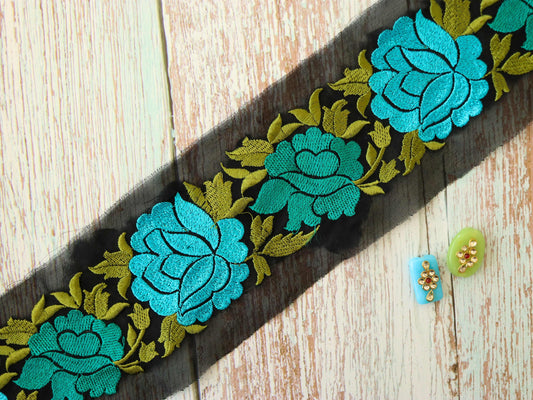 Black Blue Floral Embroidered Trim,Black Blue Net Border,Floral Applique Lace,Indian Fabric Trim,Black Saree Border,Price/mtr