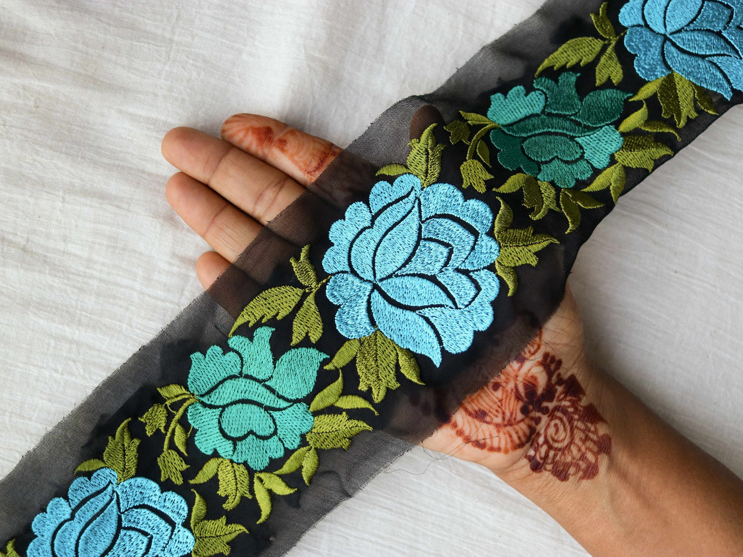 Black Blue Floral Embroidered Trim,Black Blue Net Border,Floral Applique Lace,Indian Fabric Trim,Black Saree Border,Price/mtr