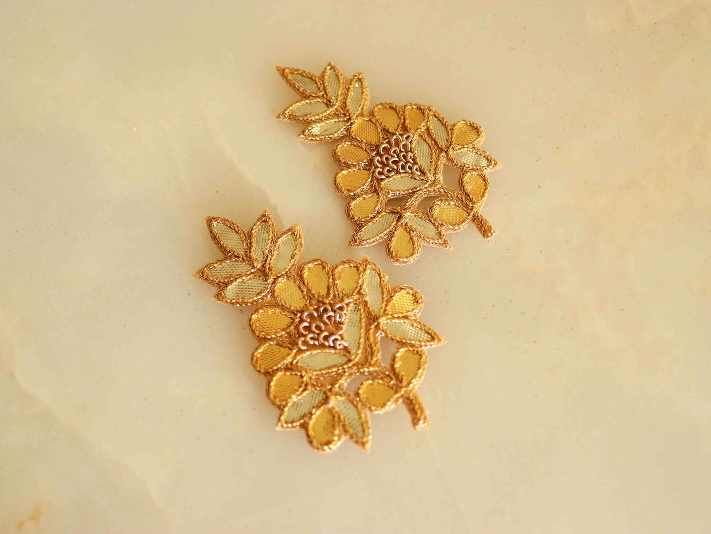 Regal Gold floral embroidered patch,Handmade embroidered royal gota floral applique,Light Gold patch,Bridal Floral DIY Patch, 2 pieces