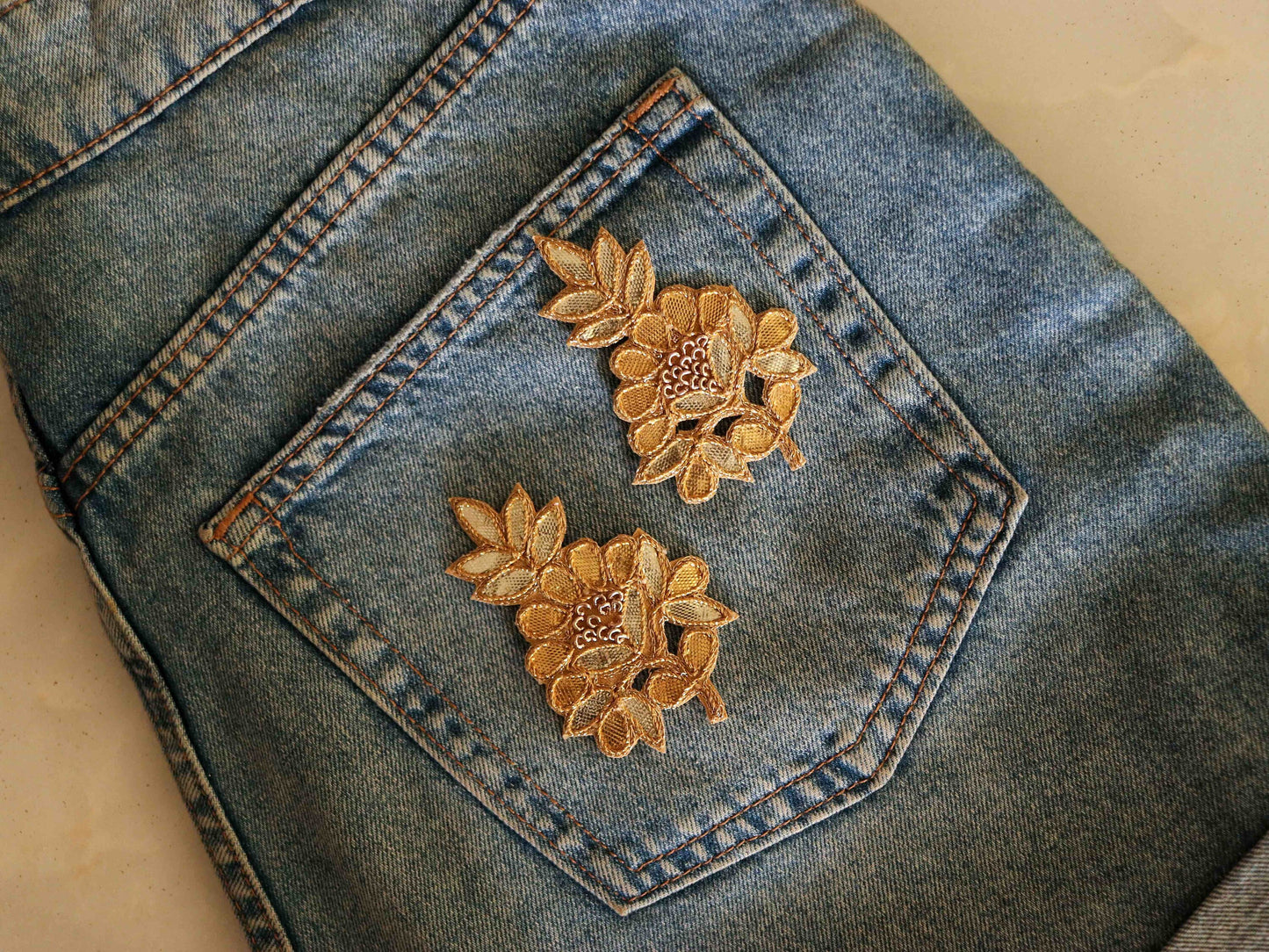 Regal Gold floral embroidered patch,Handmade embroidered royal gota floral applique,Light Gold patch,Bridal Floral DIY Patch, 2 pieces