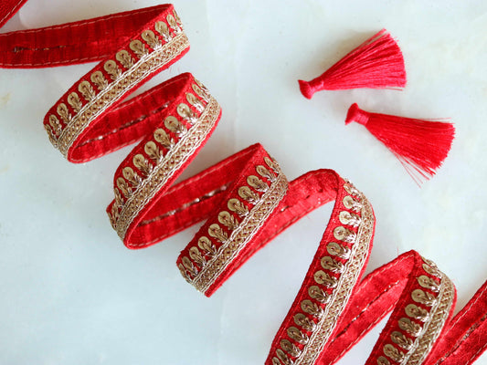 Red Gold Thin Sequin Trim,Embroidered Indian Border,Red Gold Floral Lace,Red Saree Border,Price for 2 mtrs