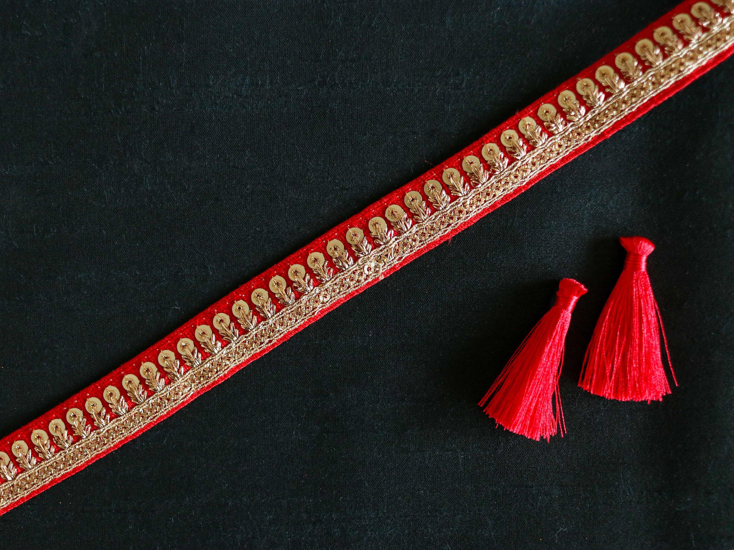 Red Gold Thin Sequin Trim,Embroidered Indian Border,Red Gold Floral Lace,Red Saree Border,Price for 2 mtrs